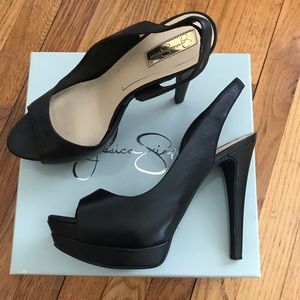 Black Leather Jessica Simpson Sling-Back Pumps